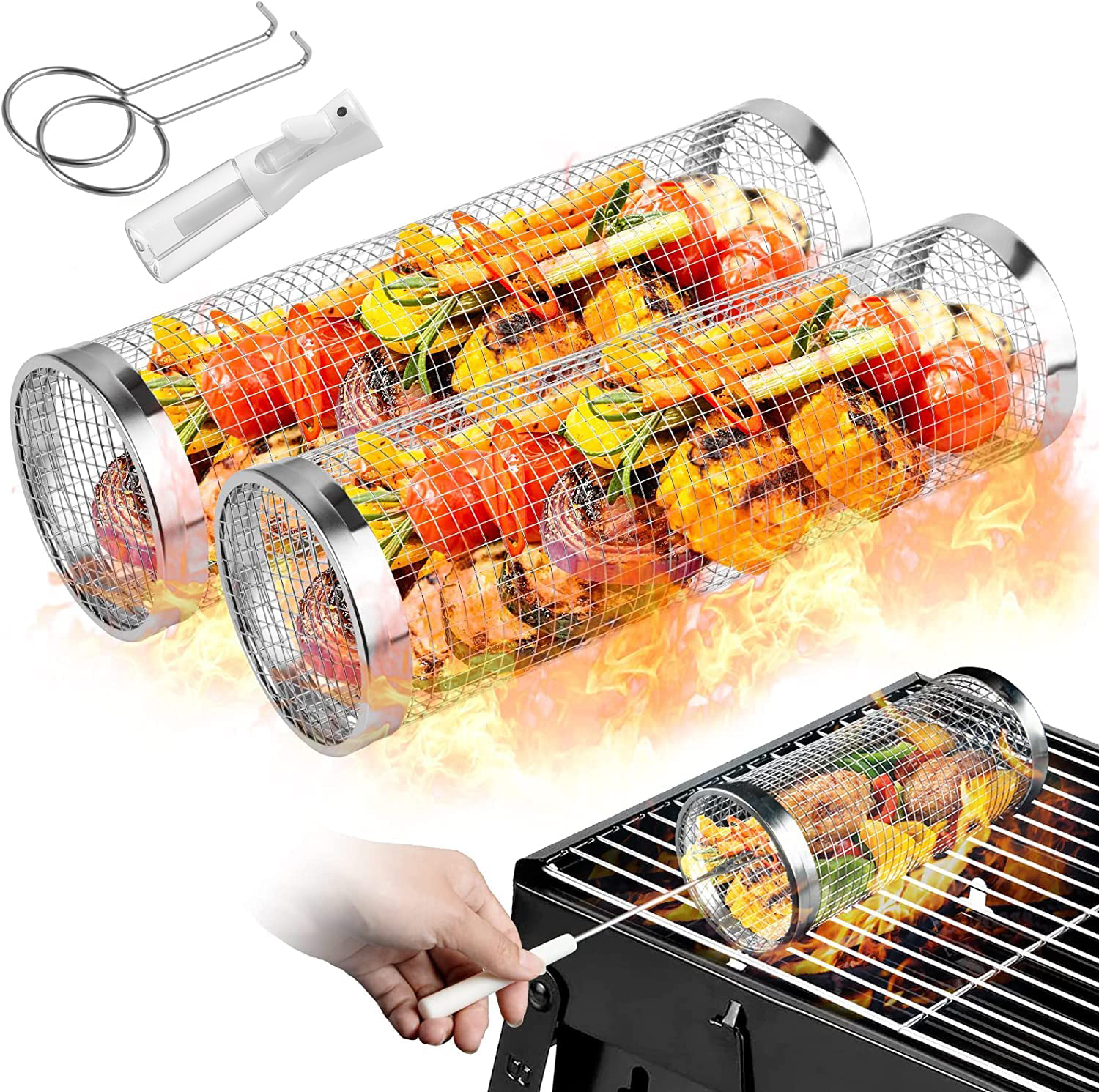 Camping Cooking Candle - 2 Pieces Rolling Grilling Baskets for